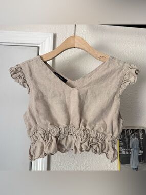 ALE CARDENAS beige tan linen v-neck ruffle boxy cropped shirt top